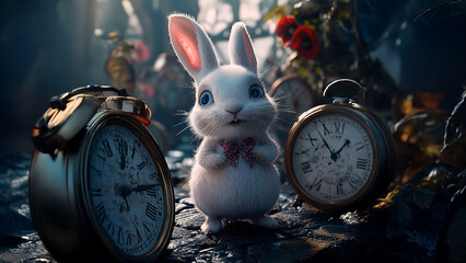 An animated rabbit in a room full of clocks. Rabbit clock dark background cartoon round. A cartoon clock with a round lifestyle rabbit.