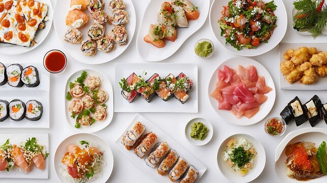 A vibrant and clean showcase of modern global cuisine, arranged elegantly with fine details on white 