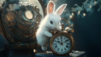 An animated rabbit in a room full of clocks. Rabbit clock dark background cartoon round. A cartoon clock with a lifestyle round rabbit.