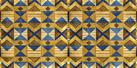 Geometric pattern in shades of gold, blue, and brown, showcasing a modern, abstract design with a luxurious feel.