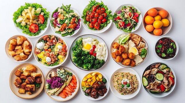 A vibrant display of fresh global dishes, plated artistically and arranged elegantly on a plain white backdrop 