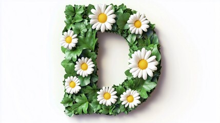 white background, a three-dimensional letter "D" is formed entirely from natural elements, showcasing the beauty of nature and typography.