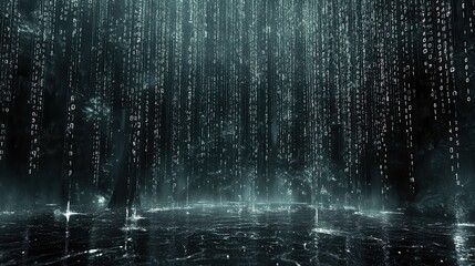 Abstract Digital Rain Futuristic Binary Code Falling on Dark Reflective Surface - Stock Photo