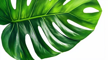 A single monstera leaf, with its iconic split leaves, is captured in stunning detail. The natural light highlights the intricate veins and the glossy surface of the leaf.