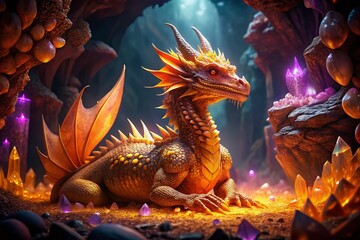 Majestic Orange Dragon in Crystal Cave - Fantasy Stock Photo