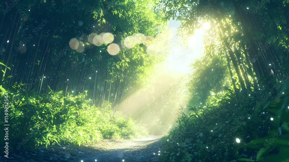 Poster sunlit forest path. lush greenery with rays of light filtering through trees. tranquil nature scene 