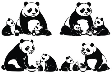 Fototapeta premium set of black silhouette Cute panda family white background