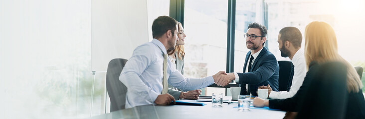 Office, welcome and business people with handshake in meeting, accounting firm and success for b2b...