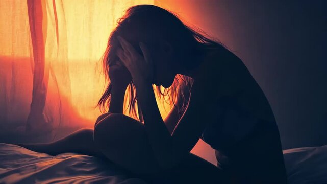 Depressed woman lying awake in bed at night suffering from insomnia