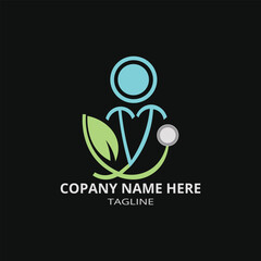 Healthcare and wellness-themed logo.
 featuring a stethoscope forming a person figure, a green leaf representing nature, and a modern minimalist design. 