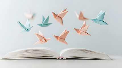 Floating origami birds emerge from open book, symbolizing creativity and imagination