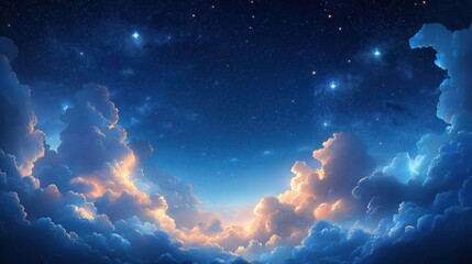 Vast night sky with cumulus clouds illuminated by soft dawn glow. Stars scattered across dark expanse. Light touches fluffy clouds creating dreamy, tranquil scene. Breathtaking view of sky at