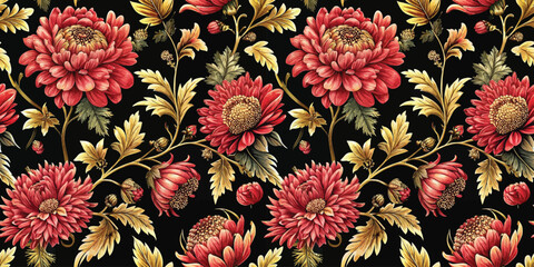 Vibrant floral pattern featuring red and gold chrysanthemums on a dark background.