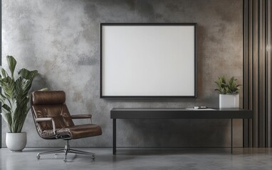 Modern Office Interior with Blank Canvas Mockup, Leather Chair, and Concrete Wall