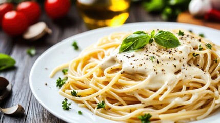 A plate of creamy pasta topped with fresh basil, surrounded by ingredients like tomatoes and herbs, showcasing a delicious Italian dish.