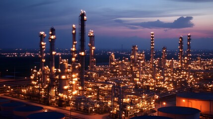 Fototapeta premium A city skyline at night with many tall buildings and a large industrial area. The sky is cloudy and the sun is setting