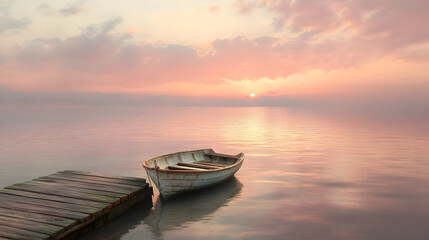 Naklejka premium serene riverside scene featuring wooden boat at sunset, reflecting calm waters and soft colors