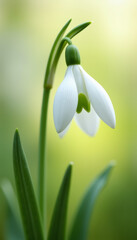 Obraz premium Close-up of a single snowdrop flower with white petals and green details in a soft blurred background