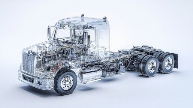 Transparent 3D Render of a Semi-Truck Chassis, Detailed Engine and Components, Industrial Design, Engineering, Automotive Technology