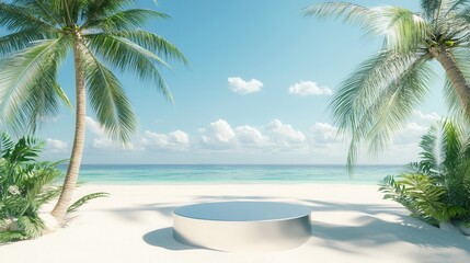 Fototapeta premium Serene Tropical Beach Scene with Silver Product Display Podium Summer Vacation, Travel, and Relaxation Concept.