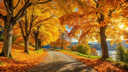 Naklejka premium Golden Autumn Leaves Overlooked Path, trees, scenic view, trees, scenic view, golden light