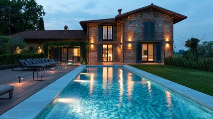 Luxurious Italian Villa at Dusk with Illuminated Pool and Patio Furniture