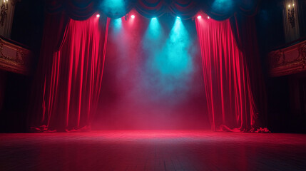 Stage setting with colorful lights and curtains ready for a performance at night. 