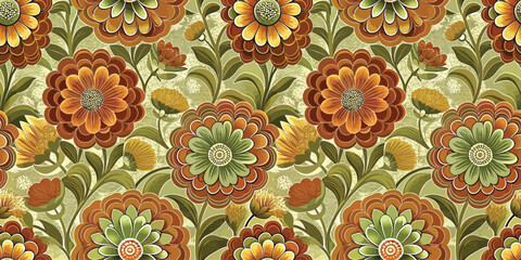 Vibrant floral pattern featuring bold flowers in warm earth tones, creating a lively yet harmonious design.