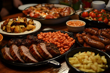 A full spread with sausages, baked beans, grilled tomatoes and hash browns