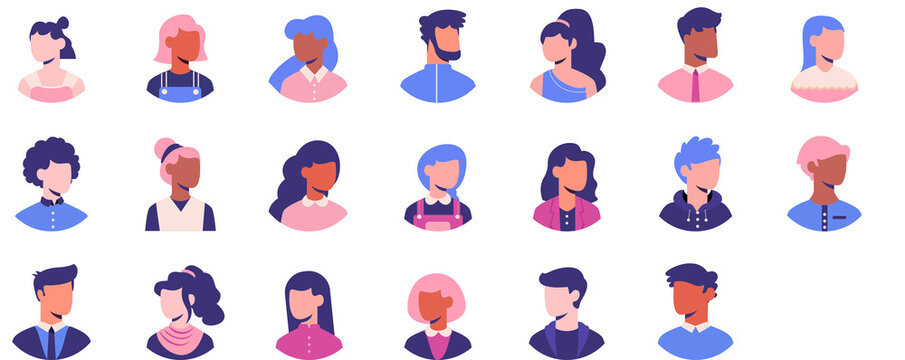 set of avatar cartoon user profile image collection for UI mobile Male and female faces. Men and women portraits. Unknown or anonymous person illustrations