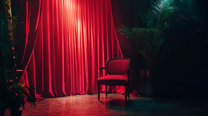 Elegant chair in front of red curtain with green lighting at a dim venue. 