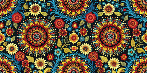 Vibrant floral pattern featuring intricate designs in bold colors against a dark background.