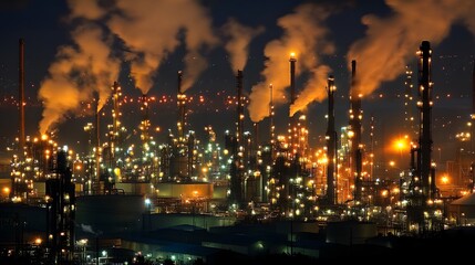 Fototapeta premium A city skyline at night with many factories and a lot of smoke. The smoke is coming from the factories and the city is lit up with lights