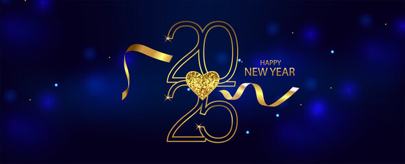 A festive gold Text and blue background celebrating the arrival of the New Year 2025 with joyful elements