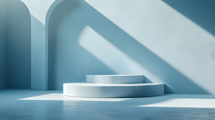Obraz premium A minimalist interior with curved steps and soft lighting, ideal for presentations or displays.