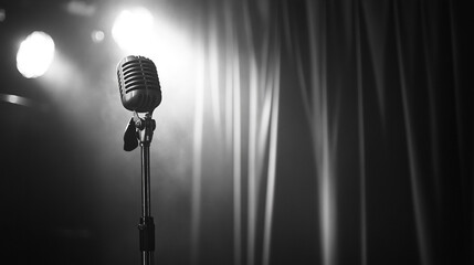 Empty microphone waiting for performer on stage with dramatic lighting. 