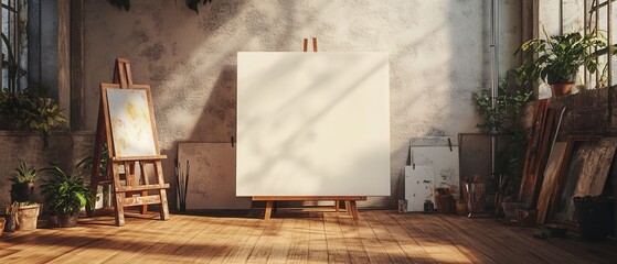 Obraz premium Sunlit Artist's Studio with Blank Canvas Mockup Rustic Wooden Easel, Vintage Paint Supplies, and Greenery