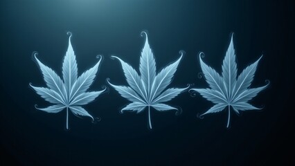 Marijuana leaves formed from curling translucent smoke on a deep blue-to-black gradient. Smoky outlines and glowing background create a surreal, dreamlike design