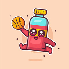 happy juice bottle drink character mascot playing basketball isolated cartoon
