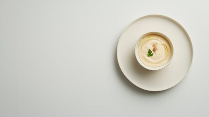 A creamy soup served in a simple white bowl, garnished with a sprig of green, set against a minimalistic background.