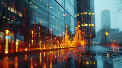 Obraz premium Urban Data Visualization: Nighttime Cityscape with Illuminated Data Streams on a Building's Facade