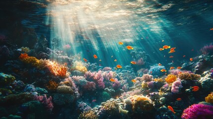 Naklejka premium Sunbeams Illuminating a Vibrant Coral Reef