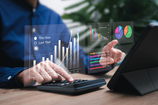 Business Growth Company, Financial management, Cost control, comparative data all years, Businesswomen analyzing data and showing Comparative statistics, Work target, Cost reduction, stock marketing