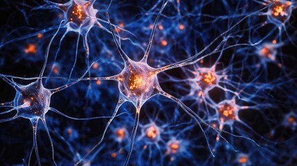 Microscopic View of Neuron Network Intricate Neural Connections in Vibrant Blue and Orange Hues.