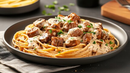 A delicious plate of pasta topped with savory beef and creamy sauce, garnished with fresh herbs, presented in a modern bowl.