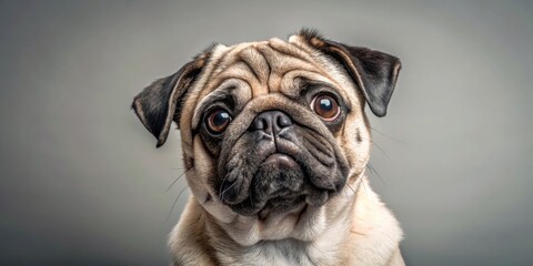 Obraz premium Pug Dog with Gray Fur Exposing Half Head, facial expression, playful, facial expression, playful, half head, cute, animal, loyal, gray fur