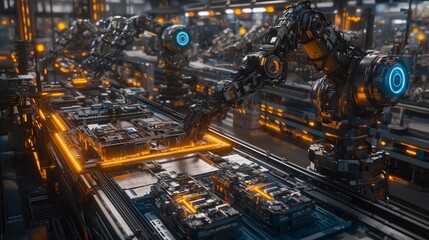 Automated assembly line robots manufacturing facility digital art industrial environment close-up view future technology