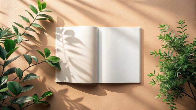 A modern open magazine mockup with a natural, earthy background featuring soft plant shadows and delicate foliage details , customizable background, plant shadows