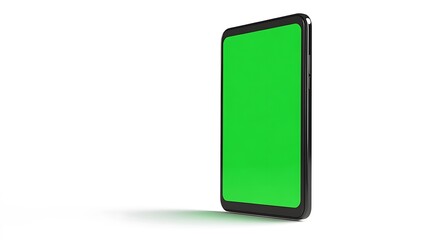 Side view of smartphone mockup with green screen standing sideways on a white background