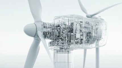Transparent 3D Render of Wind Turbine Generator Mechanism with Blades - Clean Energy Technology Concept
